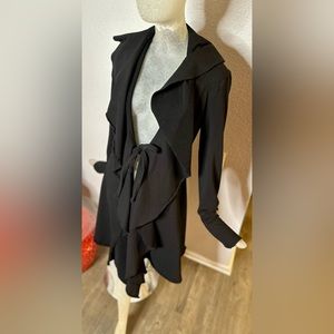Testimony Women’s Black Long Ruffle Duster w/ Tie Front. NEW With Tags. Size XS